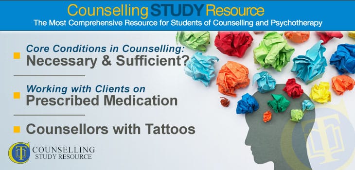 Counselling Tutor Podcast Ep 117 featured image lists the topics discussed - Are the core conditions in counselling necessary and sufficient?; Working with clients on prescribed medication; Counsellors with tattoos. The image also shows a person's profile with crumpled pieces of paper standing for thoughts.