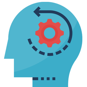 Self-Awareness and Personal Development as a CBT Therapist - icon of a person's head with gears turning to signify thoughts, thinking