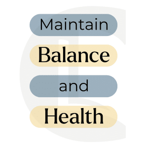 This infographic includes the words 'maintain', 'balance', 'and', 'health', with alternating blue and yellow backgrounds. They refer to an example of professional considerations for managing vicarious trauma.