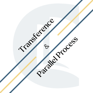 Image with 'Tranference & Parallel Process' written in diagonal with blue and yellow lines and the Counselling Tutor logo in the background.