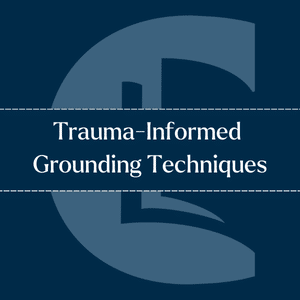 Infographic with a dark blue background titled 'Trauma-Informed Grounding Techniques' by Counselling Tutor. The text is centred within a horizontal dashed-line rectangle.