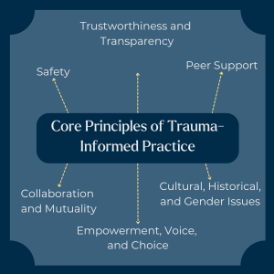 This infographic is a diagram titled "Core Principles of Trauma-Informed Practice." In the middle of the image, a dark blue box contains the title text. Radiating outward from the centre are six labelled sections, each representing a key principle of trauma-informed practice: 1. Safety 2. Trustworthiness and Transparency 3. Peer Support 4. Cultural, Historical, and Gender Issues 5. Empowerment, Voice, and Choice 6. Collaboration and Mutuality Each principle is connected to the central box with dotted lines, indicating its importance to the overall framework.