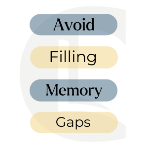 Image with 'Avoid filling memory gaps' written in alternating blue and yellow bubbles. The Counselling tutor logo is faded in the background. It represents a key thing counsellors must remember when working with implicit and explicit memory.