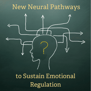 Infographic of a head with a question mark in the middle and many arrows coming from it in different directions. There is text along the bottom and top that says 'New neural pathways to sustain emotional regulation'. It represents an aspect of the trauma resiliency model.