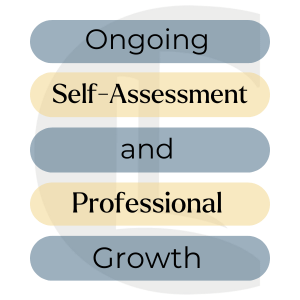 Image with 'Ongoing Self-Assessment and Professional Growth' written in alternating blue and yellow bubbles. The Counselling Tutor logo is faded in the background. It represents a key factor in checking you are working within your competence in practice.