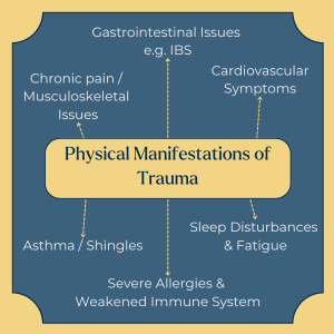 Infographic mind map titled 'Physical Manifestations of Trauma' with six words stemming from it: 'Chronic pain / musculoskeletal issues', 'gastrointestinal issues e.g. IBS', 'cardiovascular symptoms', 'asthma/shingles', 'severe allergies and weakened immune system', and 'sleep disturbances and fatigue'.