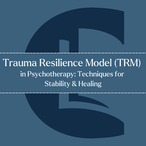 Title image with the counselling tutor logo in the background and a band across it including the title 'Trauma Resilience Model (TRM) in Psychotherapy: Techniques for Stability & Healing'.