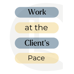 Image with 'IWork at the Client's Pace' written in alternating blue and yellow bubbles. The Counselling tutor logo is faded in the background. It represents a key factor in avoiding retraumatisation with clients.