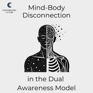 image of a human head and shoulders split in half down the middle, one side represents the body,  the other represents the mind. the couselling ttor logo is in the top left-hand corner, and written on the graphic is 'Mind-Body Disconnection in the Dual Awareness Model'.