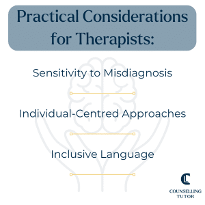 Infographic with the title 'Practical Considerations for Therapists' written across the top. It then lists three considerations: 'sensitivity to misdiagnosis', 'individual-centred approaches', and 'inclusive language'. there is a graphic of a brain being held by two hands faded in the background.