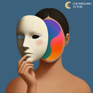 Graphic showing a colourful face being covered with a mask. this represents the struggle some neurodiverse individuals experience with internalised oppression.