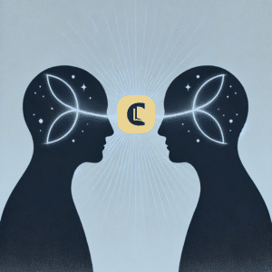 graphic of two people facing each other, their minds connected to represent bridgin the communication gap with those who are autistic or neurodivergent. The counselling tutor logo sits between them.