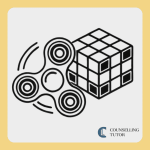 Graphic of fiddle items rubix cube and fidget spinner. They can be useful in the therapy room with autistic or neurodivergent clients.