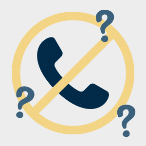 Graphic of a telephone with a cross through it, surrounded by question marks. It represents that phone counselling might not be the best option for some autistic and/or neurodivergent clients.