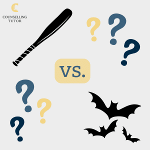 graphic of a baseball bat vs. the animal bats surrounded by question marks to represent the possible misinterpretation of symbols experienced by a neurodivergent or autistic individual. the counselling tutor logo is in the top left corner.