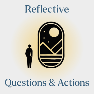 graphic of a person looking at a nice scene with the sun and mountains, symbolising reflection and self-improvement. The graphic includes the title 'Reflective Questions and Actions:'